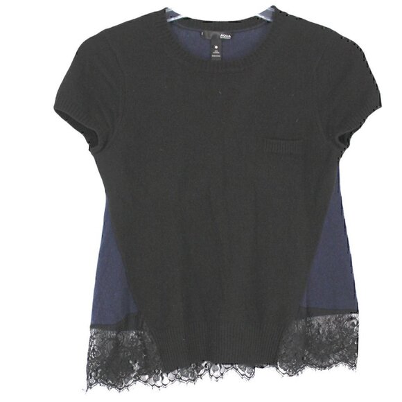 Aqua Cashmere Lace Detail colorblocked Short Sleeve Sweater Small - Picture 1 of 3